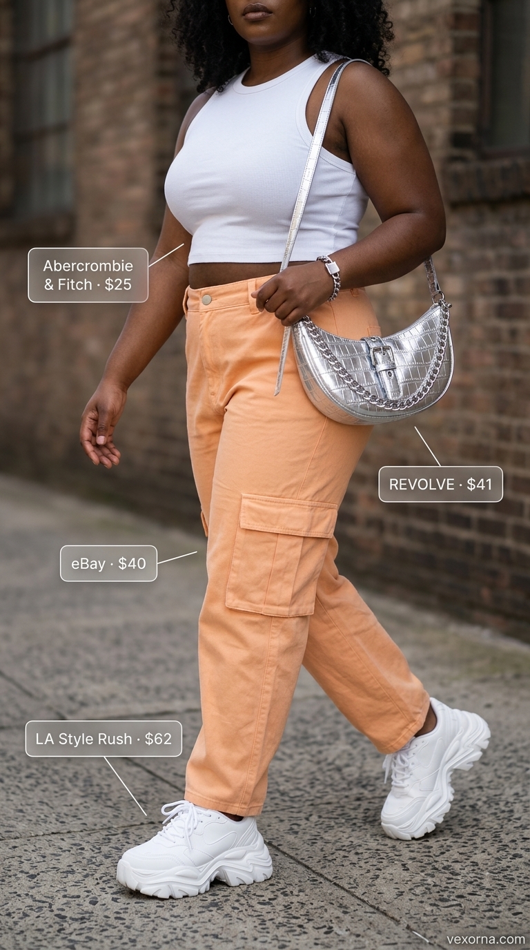 Soft orange cargo pants with white crop top, a waist defining curvy outfit summer 2026 for casual outings.