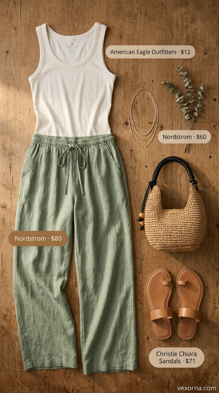 Waist defining curvy outfit summer 2026: Sage linen pants with tank top & straw bag for casual evening.