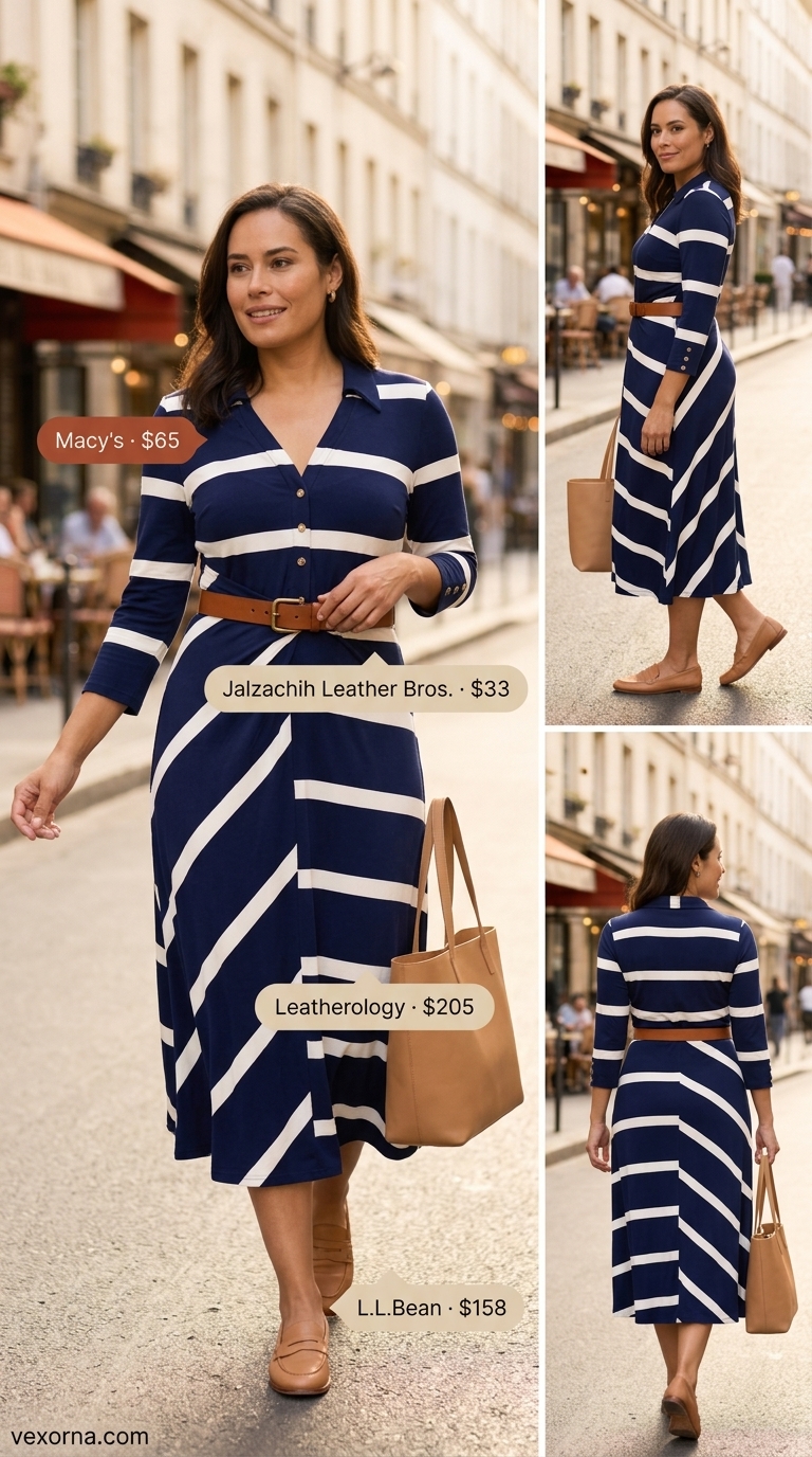 Waist defining curvy outfit summer 2026: Striped shirt dress with loafers & tote for casual office.