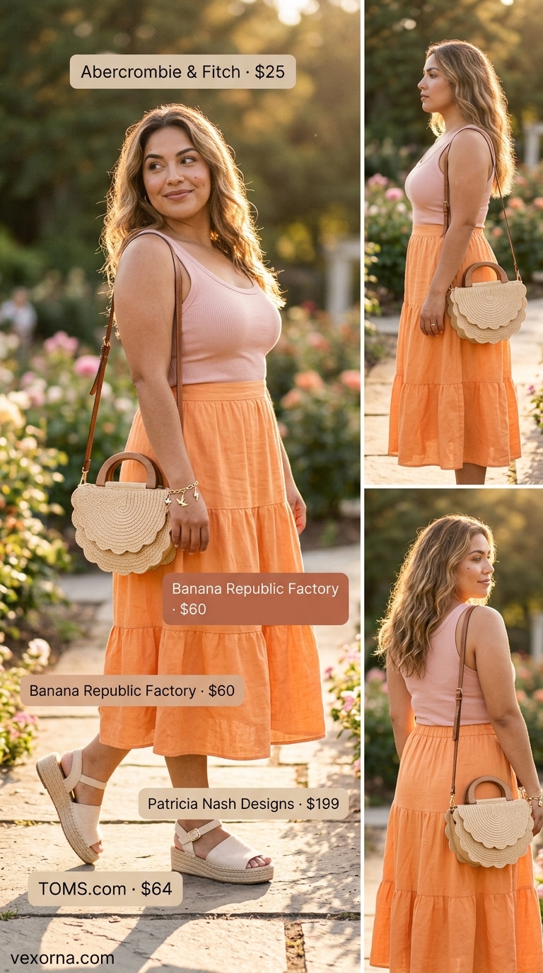 Waist defining curvy outfit summer 2026: Tiered skirt with cropped top & espadrilles for daytime event.