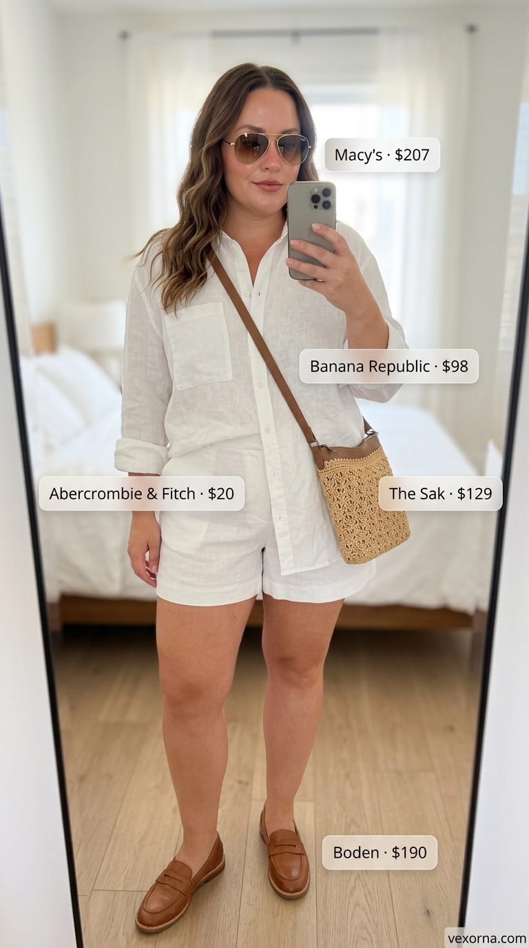 White linen shorts and oversized shirt, a waist defining curvy outfit summer 2026 for vacation.