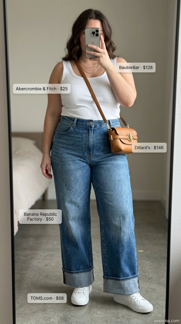 Waist defining curvy outfit summer 2026: Wide leg denim jeans, white tank, gold necklaces, and fashion sneakers.