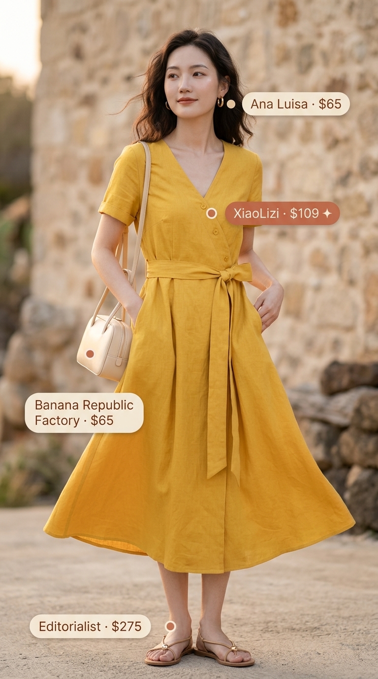 Waist defining curvy outfit summer 2026: Yellow linen wrap dress, tan sandals, gold earrings, and crossbody bag.