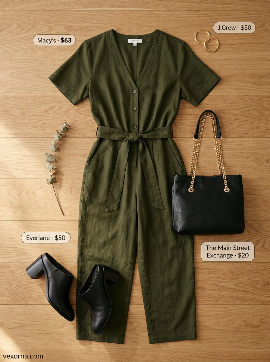 Chic utility jumpsuit outfit: olive green jumpsuit, block heel mules, and crossbody bag. What to wear with wide leg jeans summer 2026 alternative.