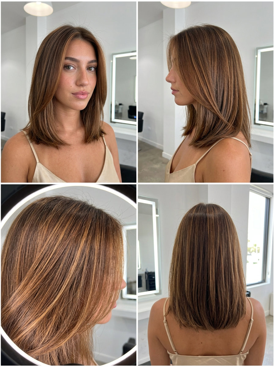 Sun-Kissed Summer Brunette 2026: Amber Babylights amber-infused babylights on warm brunette, golden-copper micro-highlights for summer 2026