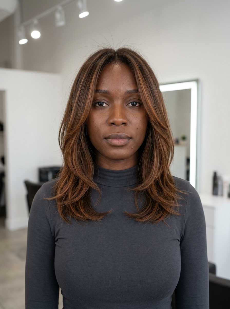 shoulder-length layered cut auburn with amber brunette ribbons, soft layers and U-shape for bohemian style