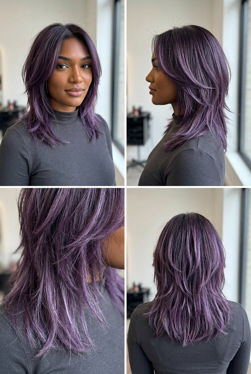 Amethyst Shag: Edgy Face-Framing Summer Hair 2026 mid-to-long shag haircut with amethyst violet, face-framing layers for summer 2026