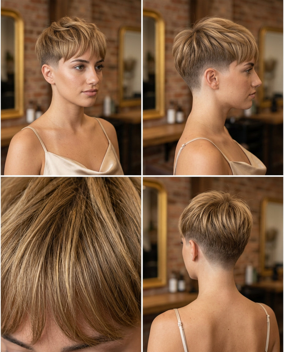 short antique gold honey blonde crop with graduated fade and textured top for work