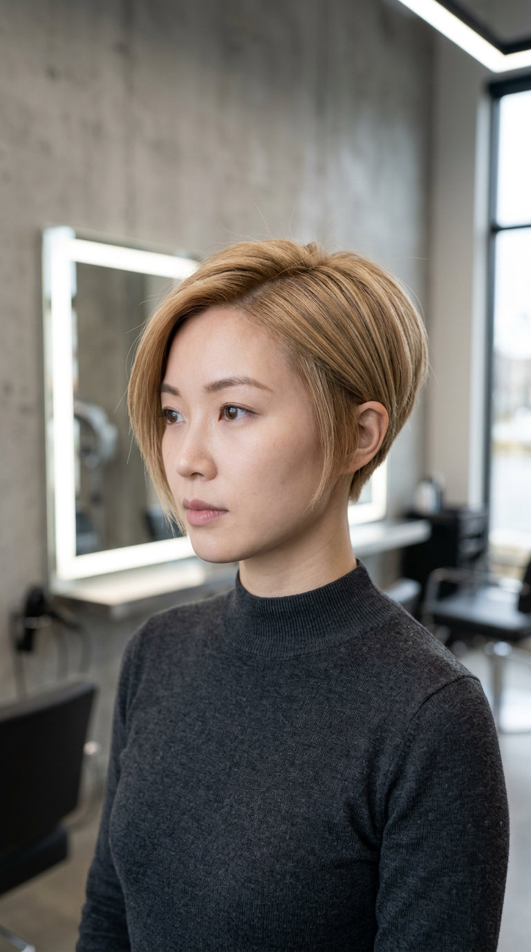 very short antique gold honey blonde sculpted cut with asymmetrical design for modern look