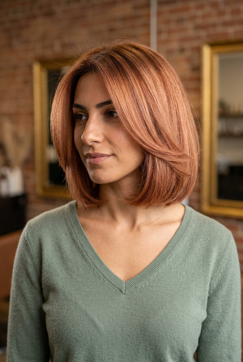 chin-length bob auburn haircut with bright apricot color, blunt perimeter, and internal layers for sophisticated events
