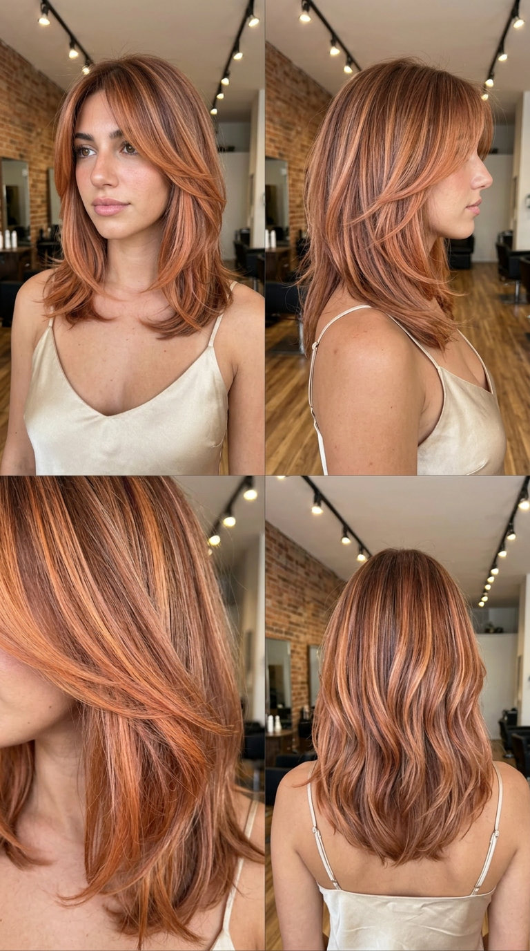 medium-length layered cut auburn with apricot pink balayage, sweeping curtain bangs for beach vacations