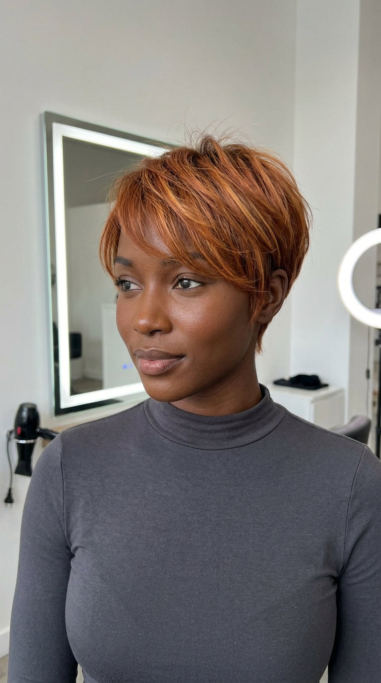 short pixie crop in apricot auburn with golden copper babylights, razored layers, wispy fringe—playful & edgy