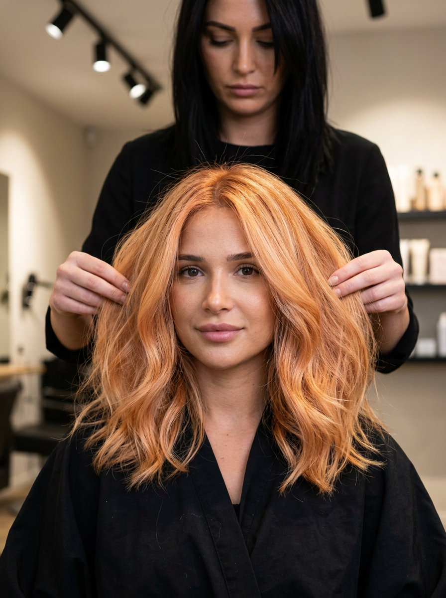 long apricot blonde balayage with peachy-orange highlights, foilayage, playful boho