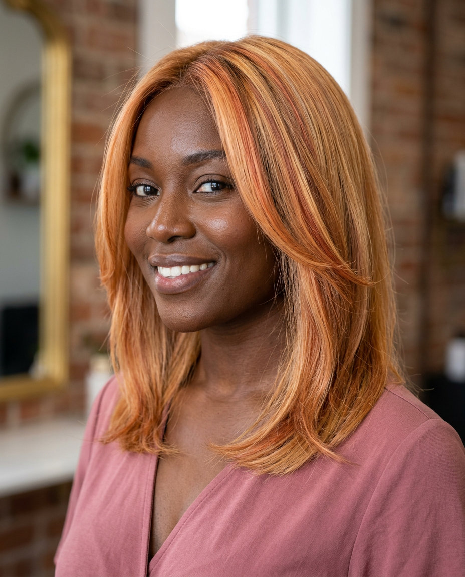 long peachy-orange apricot blonde foilyage with warm golden base, hand-painted highlights — playful, vibrant