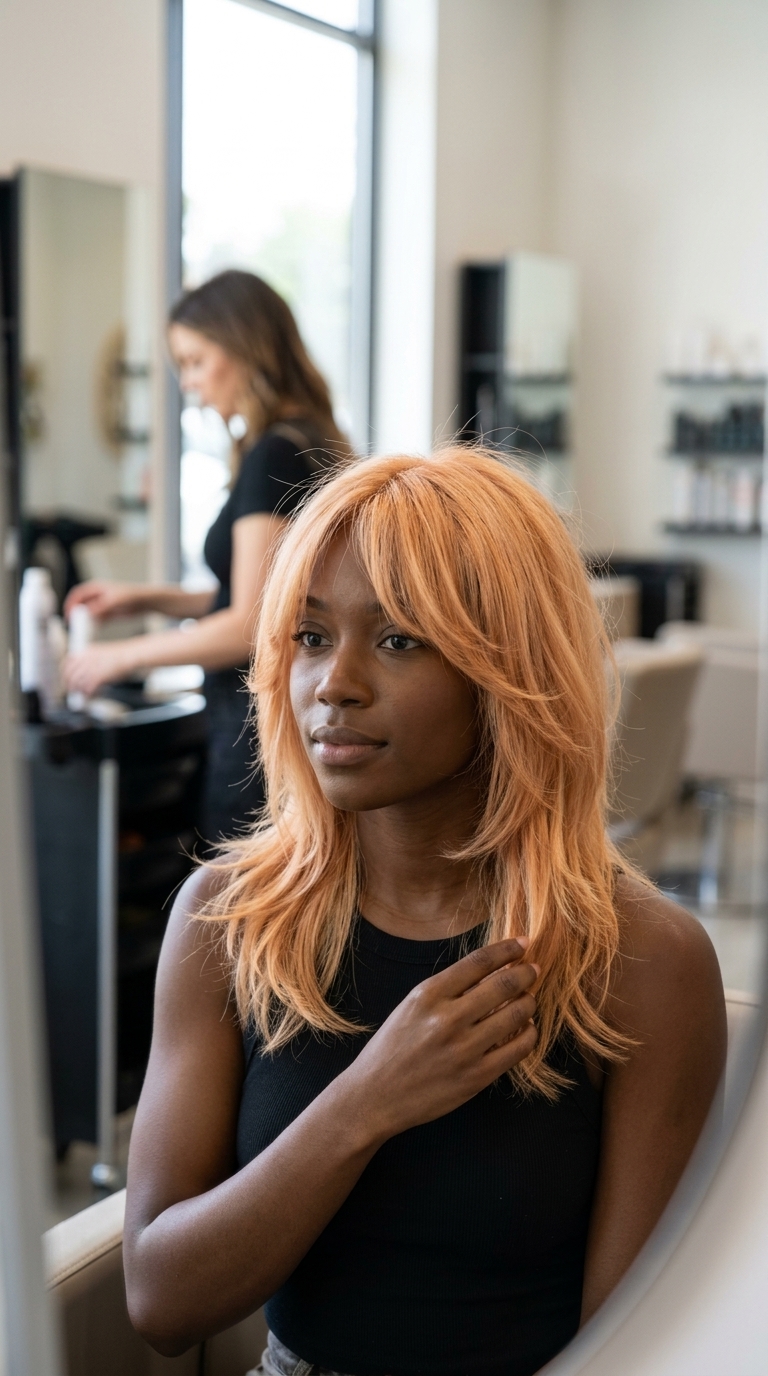 Apricot Blonde Shag 2026 shoulder-length textured shag haircut in apricot blonde with peach undertones and soft bangs
