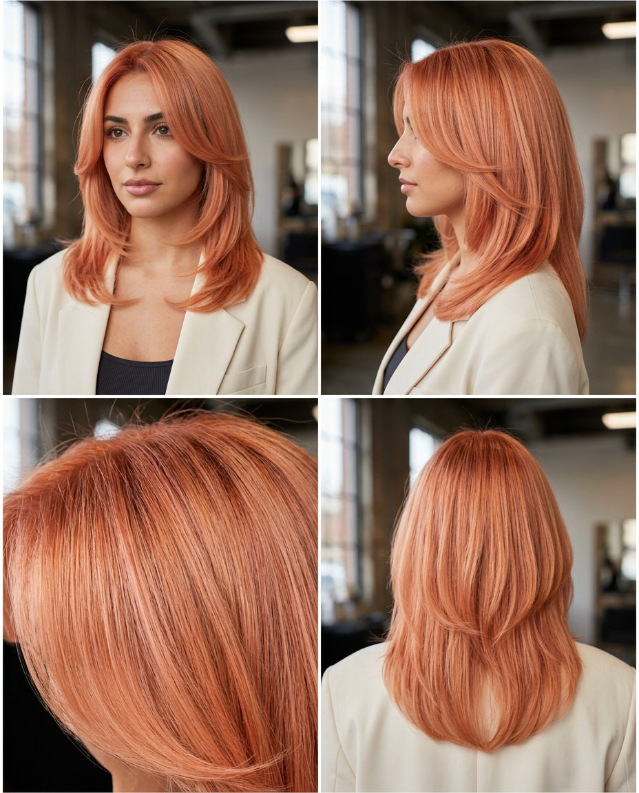 collarbone-length apricot copper haircut with peachy undertones and curved layers
