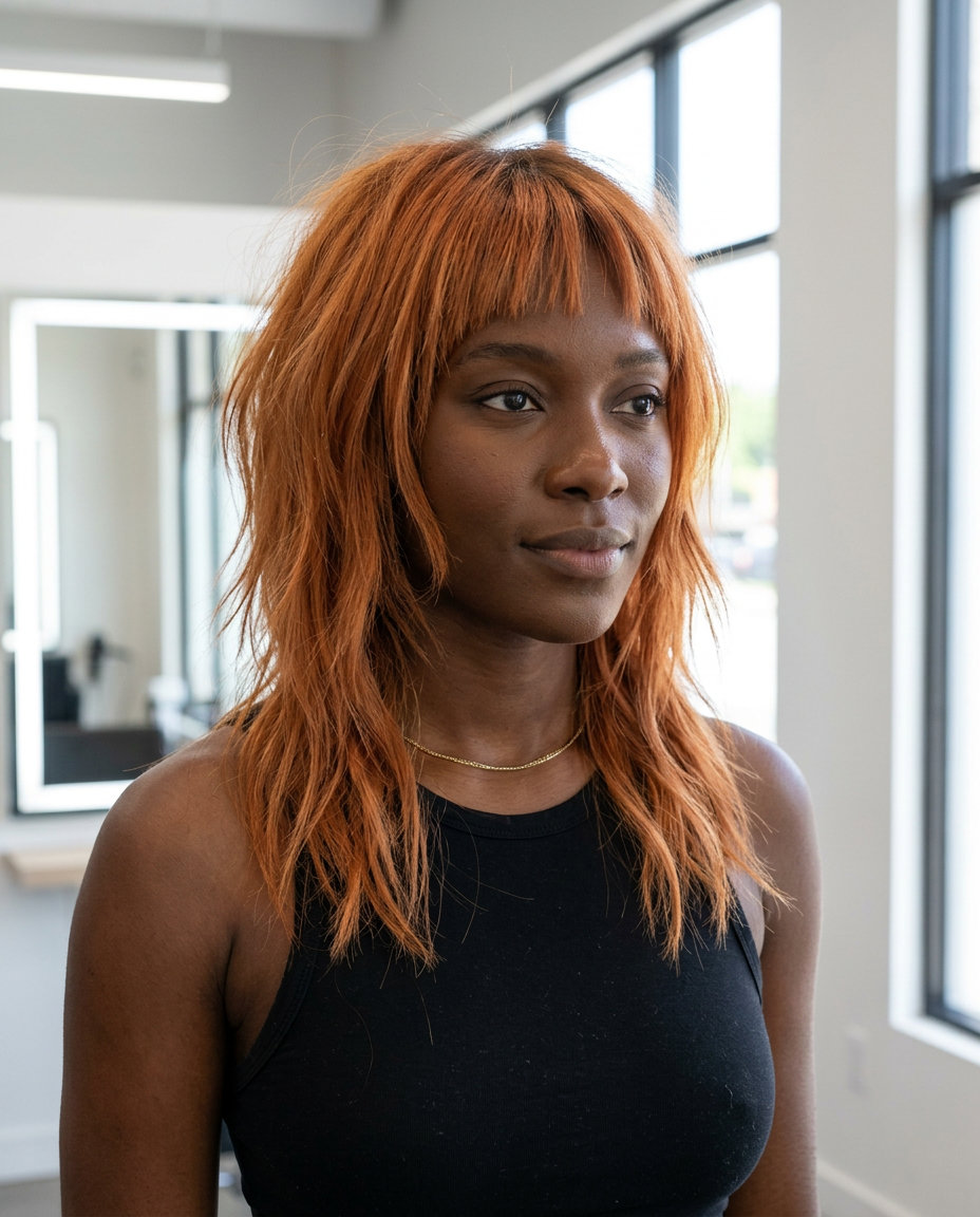 medium lob haircut in pastel apricot copper with micro-bangs, razored ends — playful boho-chic style
