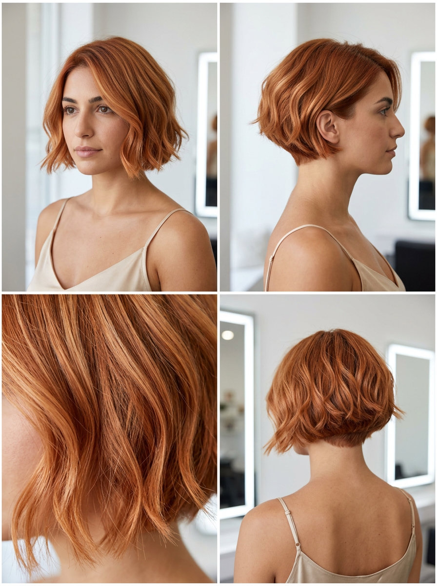 short french bob haircut with apricot copper color, babylights and soft undercut for chic style