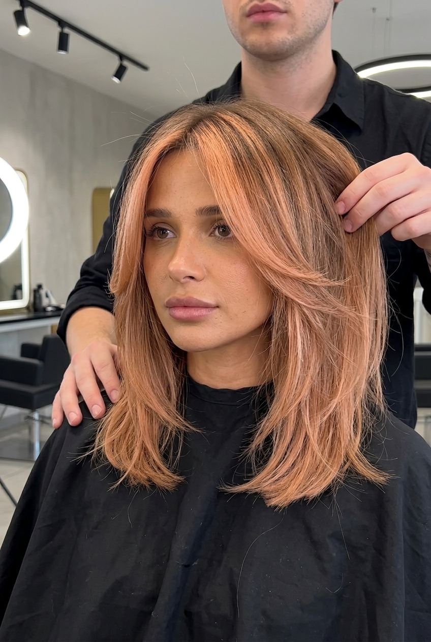 Sun-Kissed Copper Lob 2026 shoulder-length apricot copper lob haircut with balayage and diffused layers for summer 2026