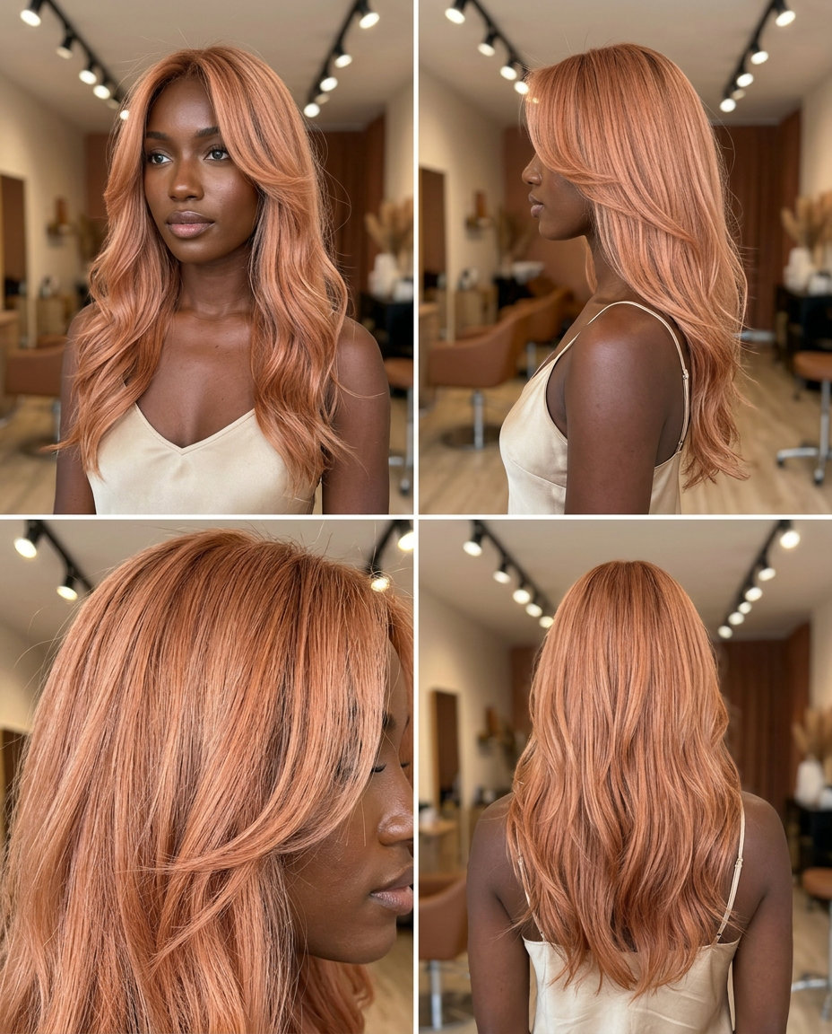 long layered apricot crush with face-framing layers and peach-gold undertones for summer