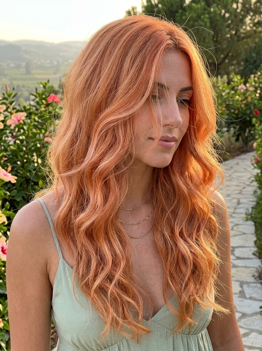 long layered haircut in vibrant apricot crush with strawberry blonde ribbons, face-framing pieces, and soft waves for romantic look
