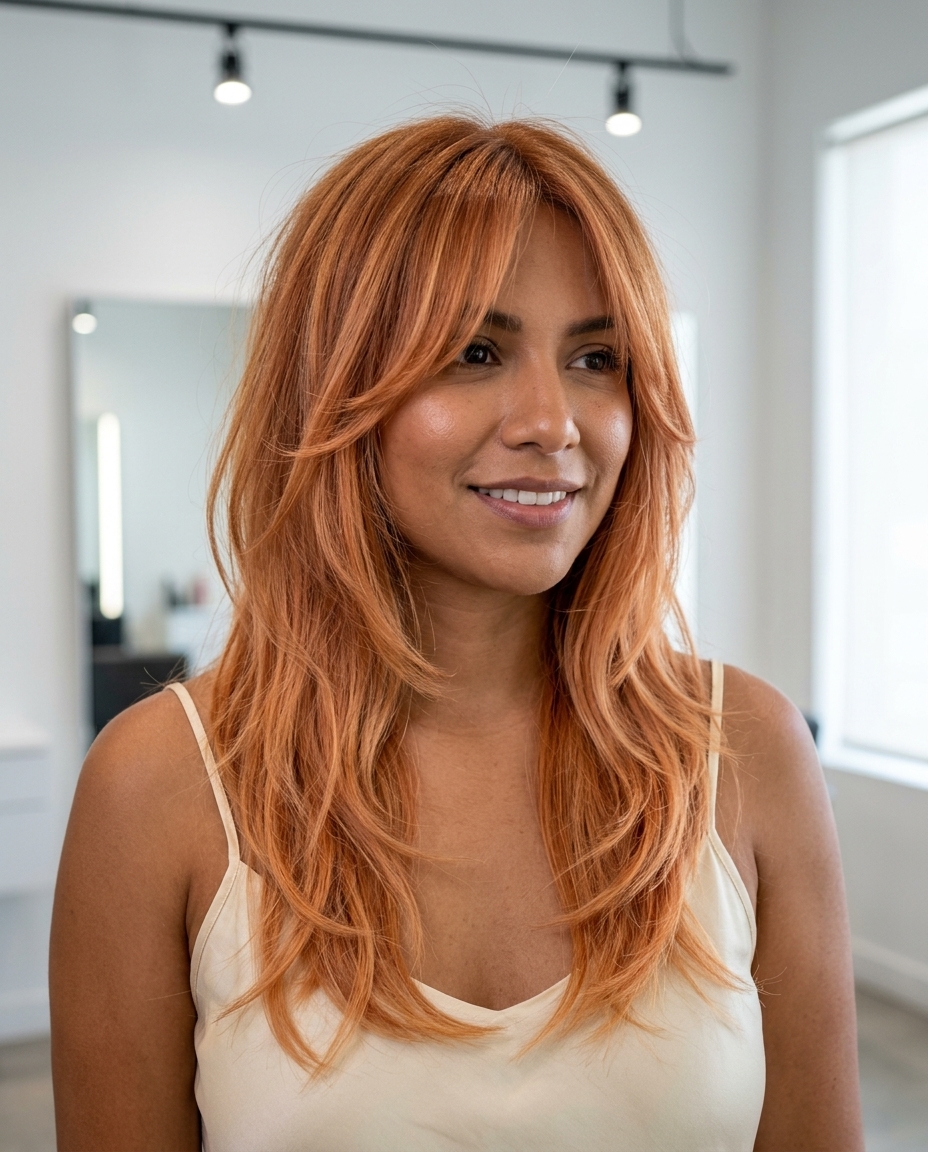 Fresh Summer Haircut 2026: Retro Shag long shag haircut with apricot crush, strawberry blonde melt, wispy curtain bangs — retro, bohemian
