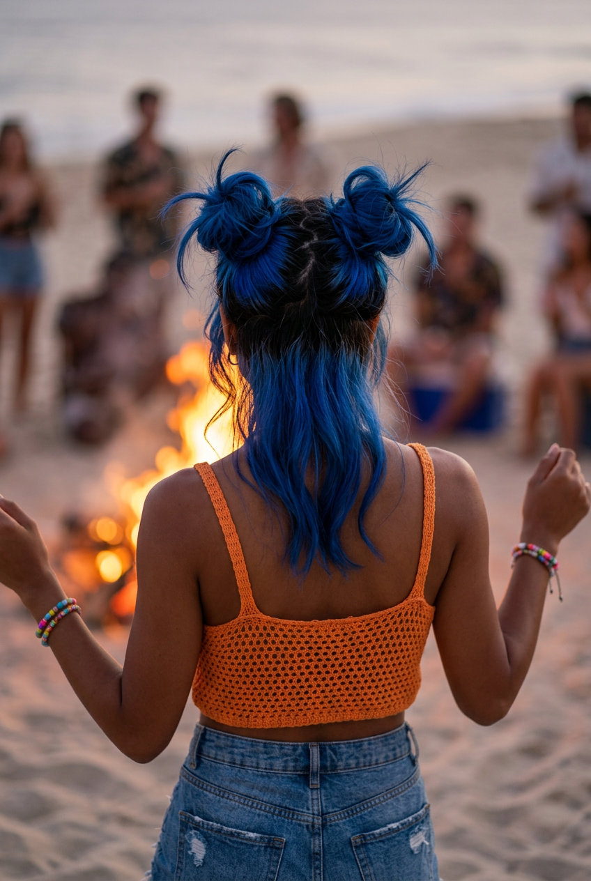 long apricot crush messy summer updo hairstyle with dark roots, two space buns, spiky ends — edgy music festival