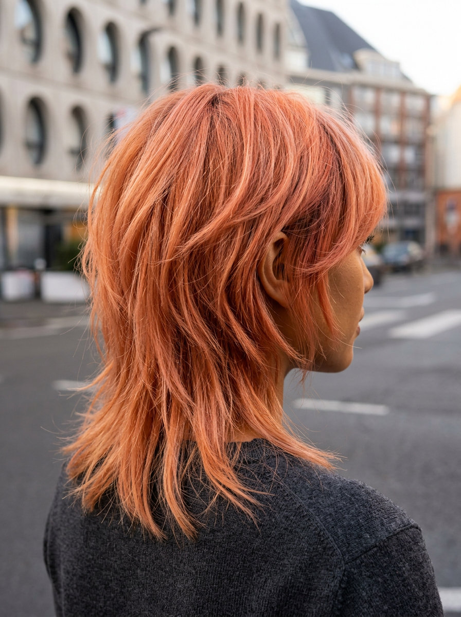 medium butterfly shag in apricot crush, choppy layers, no fringe — boho