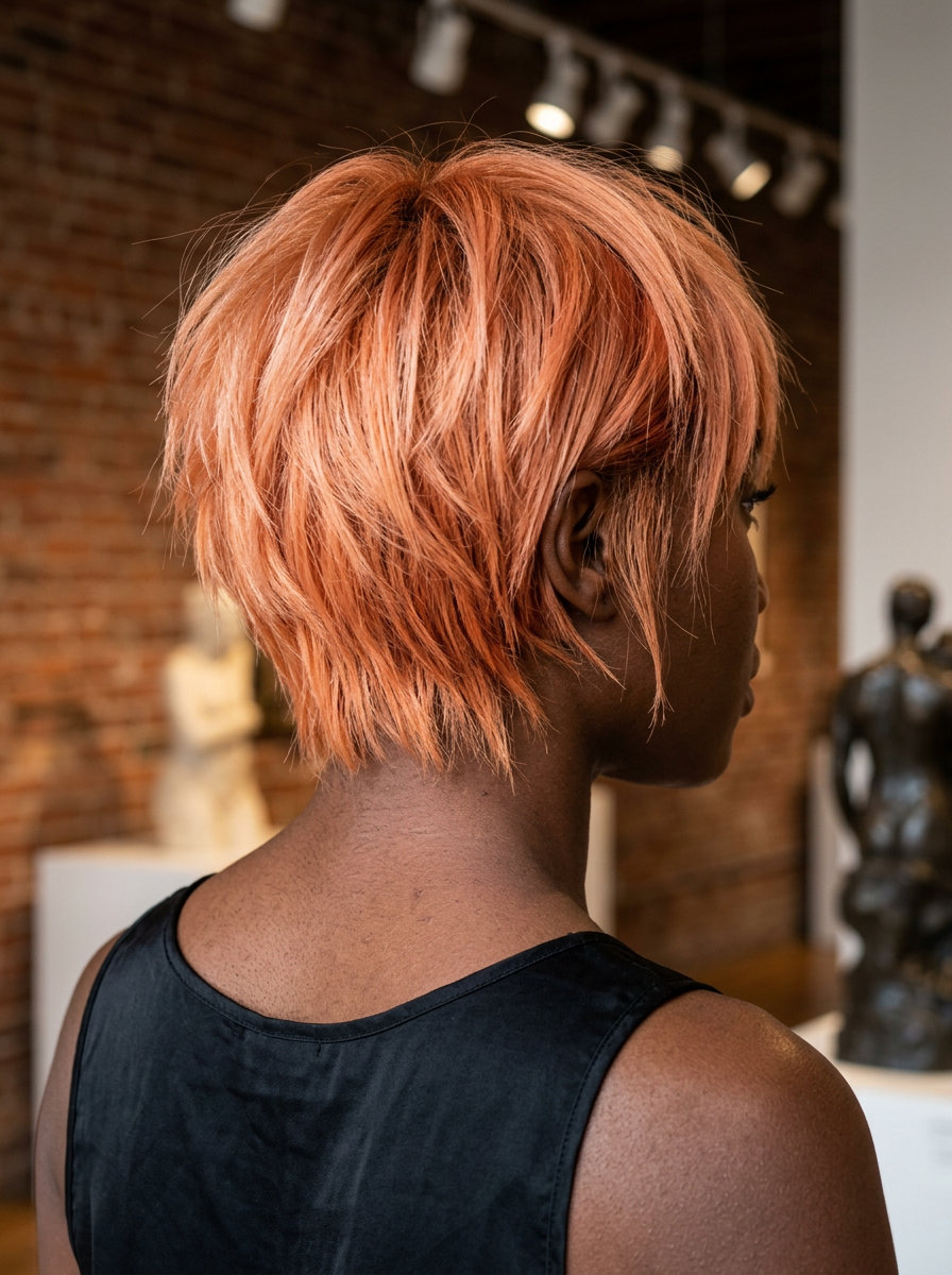 short french bob haircut with apricot crush color, razored texture and micro-fringe for summer