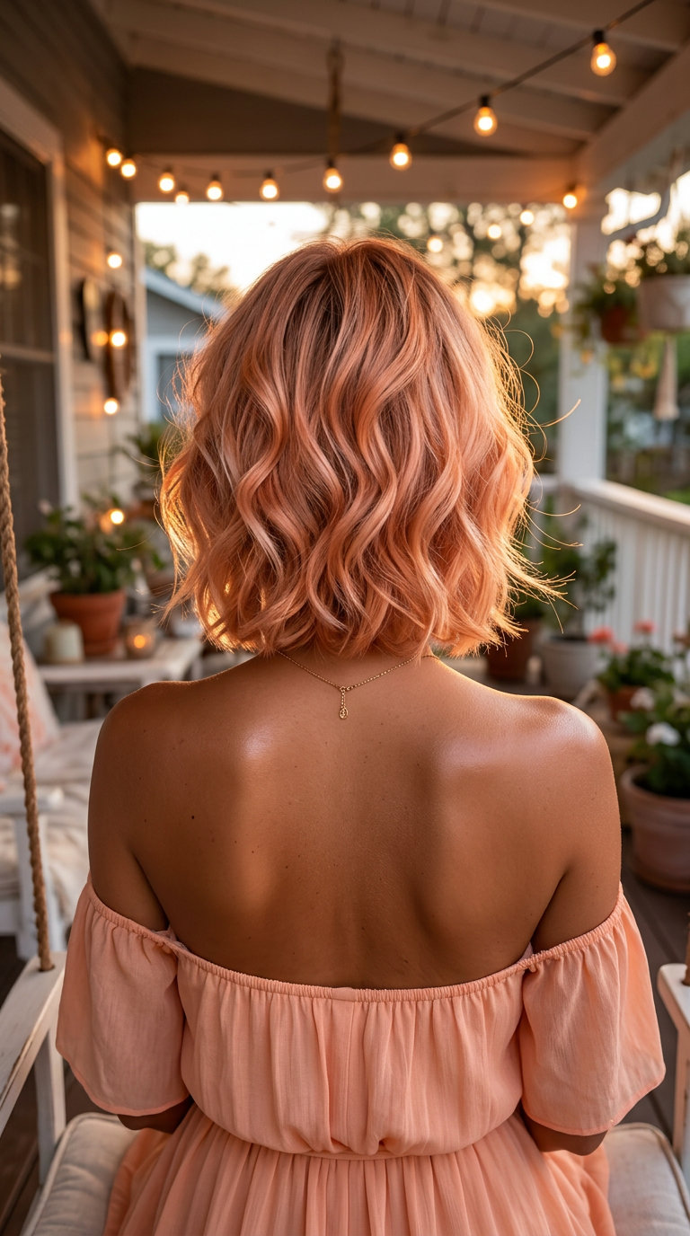 short wavy haircut with apricot crush color, soft bends, and romantic mood for summer
