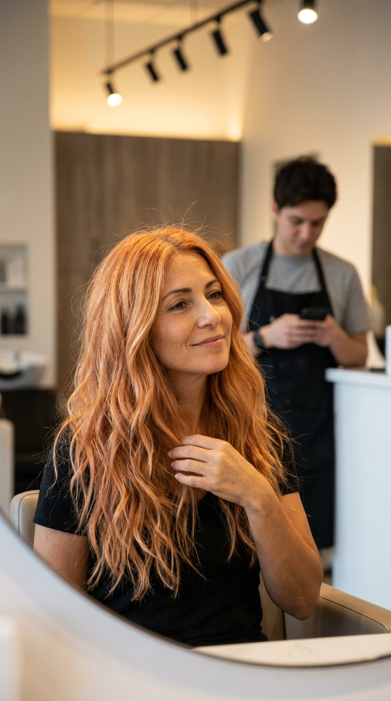 long layered haircut with Apricot Crush golden babylights, cascading textured layers, shattered ends — bold, bohemian, lively