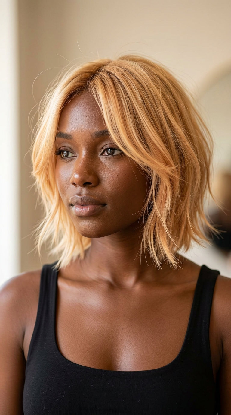chin-length apricot honey blonde bob with choppy layers and wispy bangs for playful look