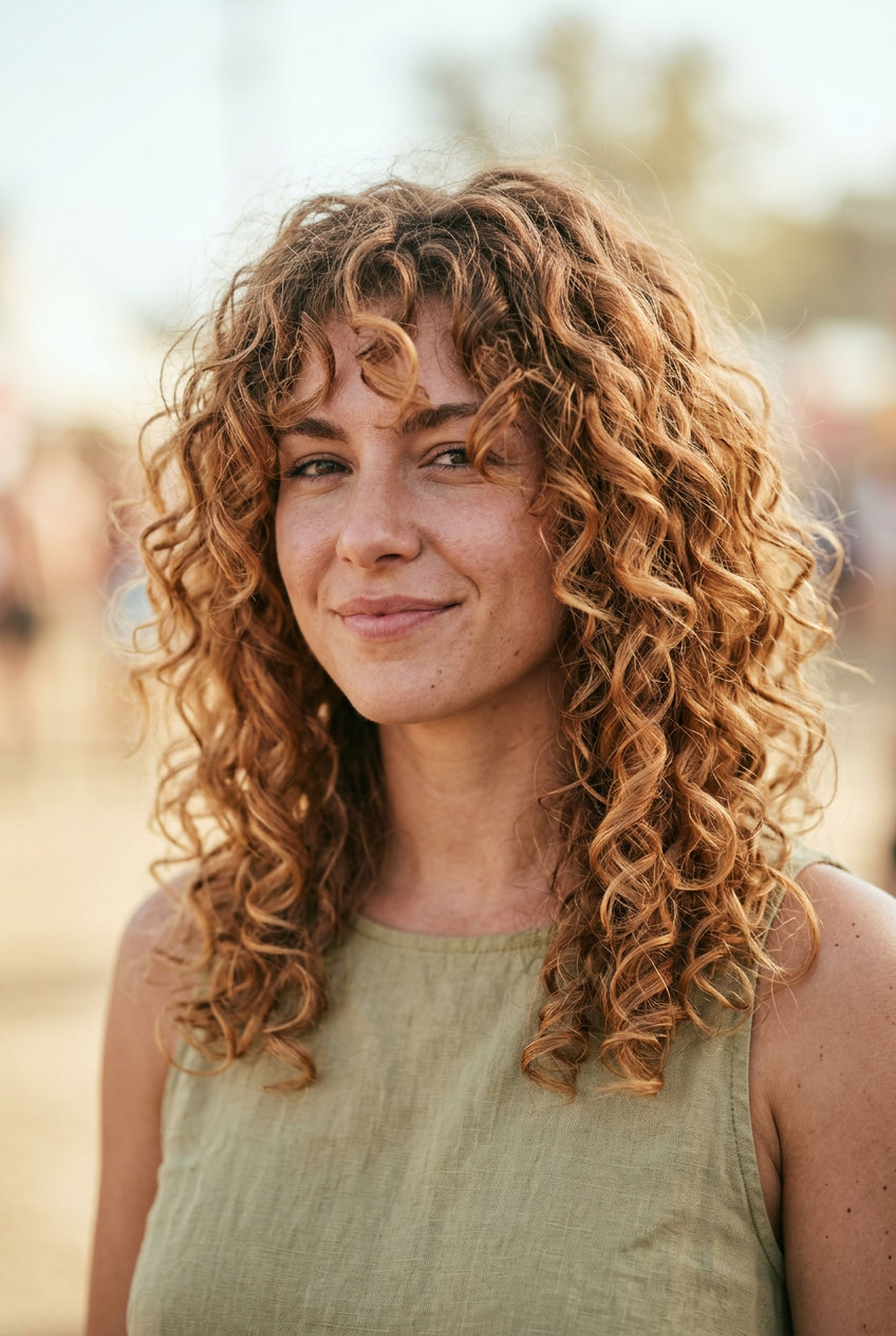 long layered face-framing haircut in apricot honey with waterfall layers for summer