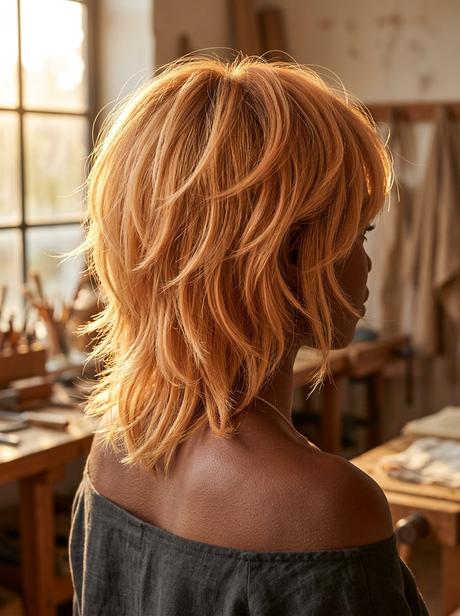 mid-length apricot honey blonde shag with choppy layers and bottleneck bangs for festival