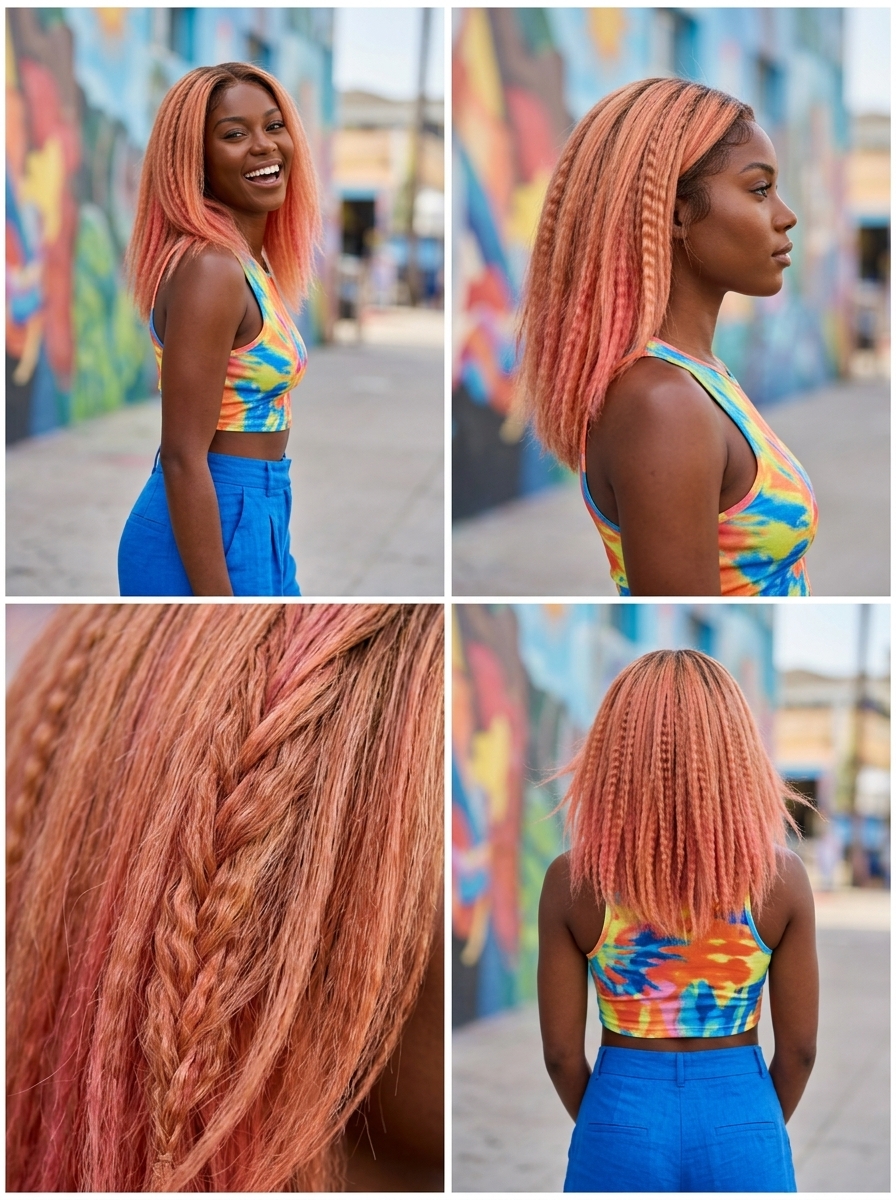 long crimped hair with soft apricot crush & strawberry blonde highlights, retro & bold for festivals