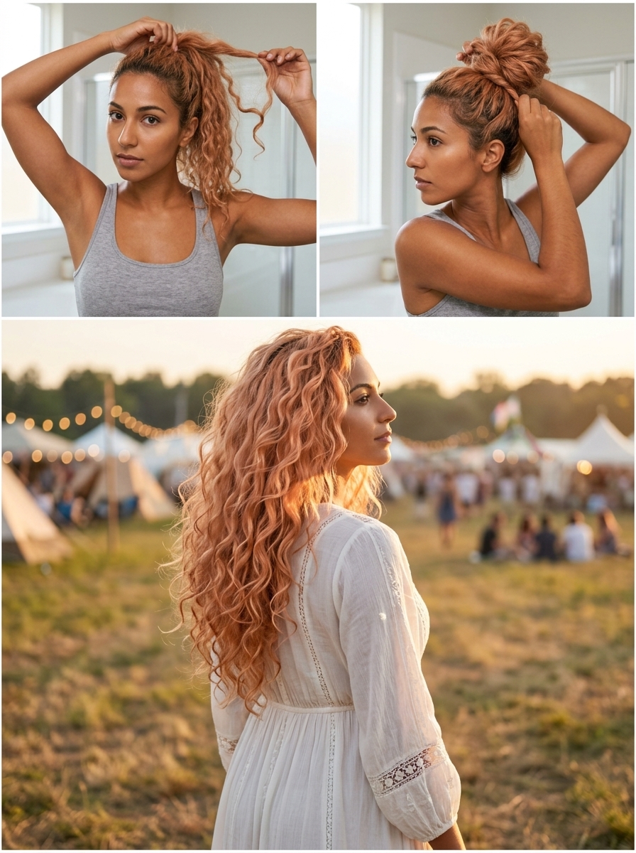 long curly hairstyles with soft apricot crush, peach highlights, face-framing layers — bohemian festival look