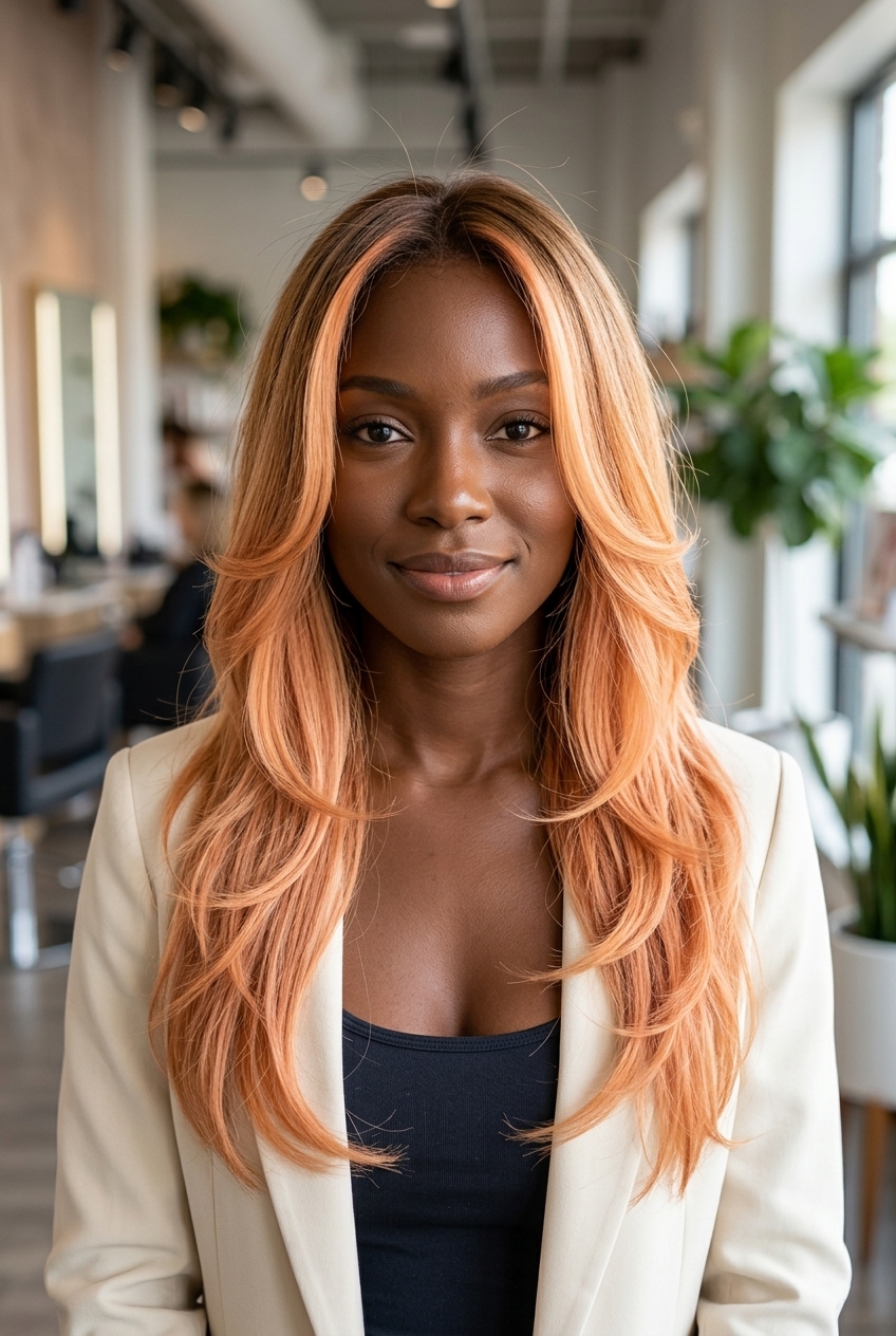 long layered apricot crush balayage with face-framing layers and natural root blend for summer
