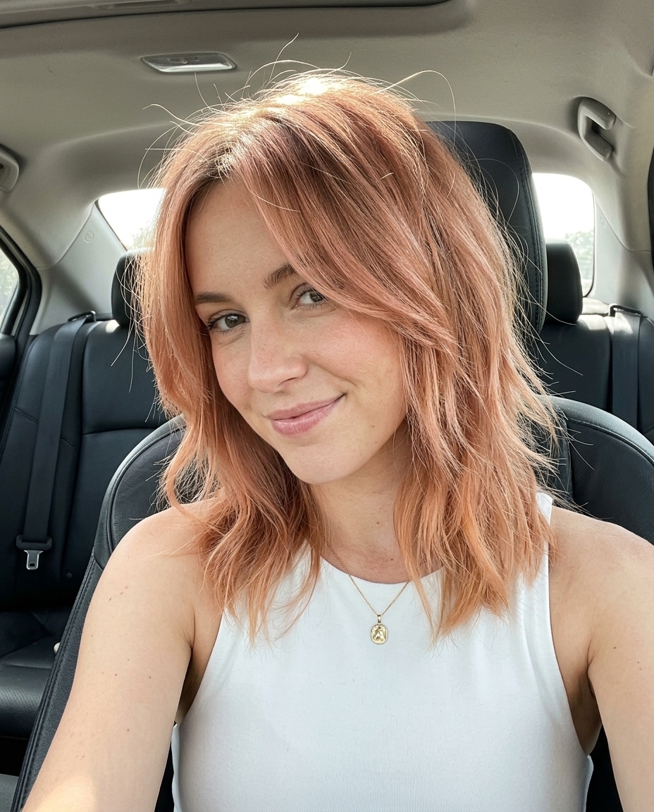 collarbone length shag strawberry blonde with apricot hue, wispy bangs, bohemian