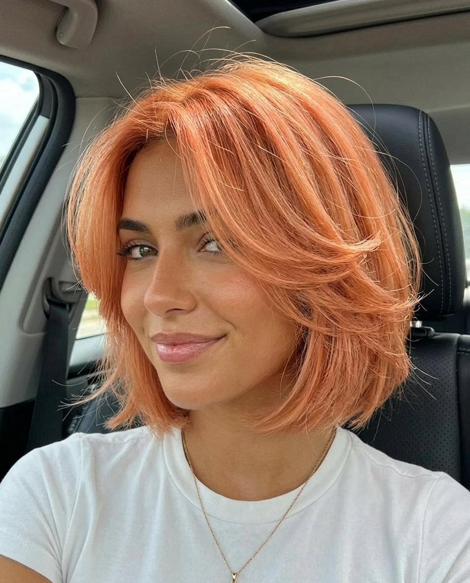 short apricot butterfly haircut with vibrant peach-pink, feathered layers, and face-framing — playful weekend