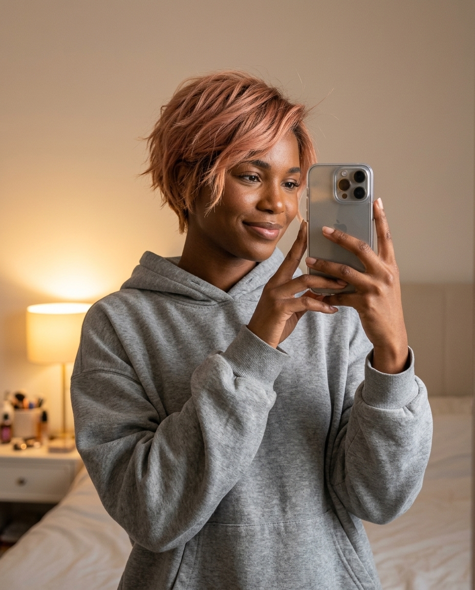 short textured crop strawberry blonde with apricot hue, natural root melt, playful