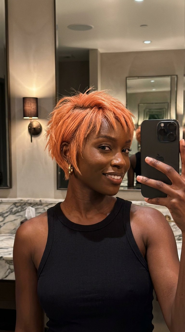 short french bob haircut with vibrant apricot, soft peach root, razored texture — bold, edgy