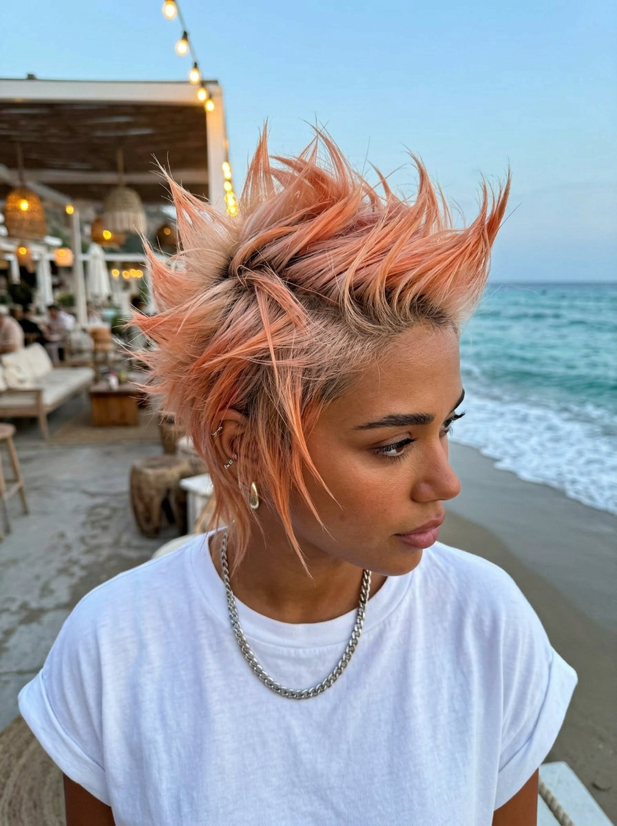 short apricot spiked pixie haircut with textured layers and pastel orange-pink color for edgy summer
