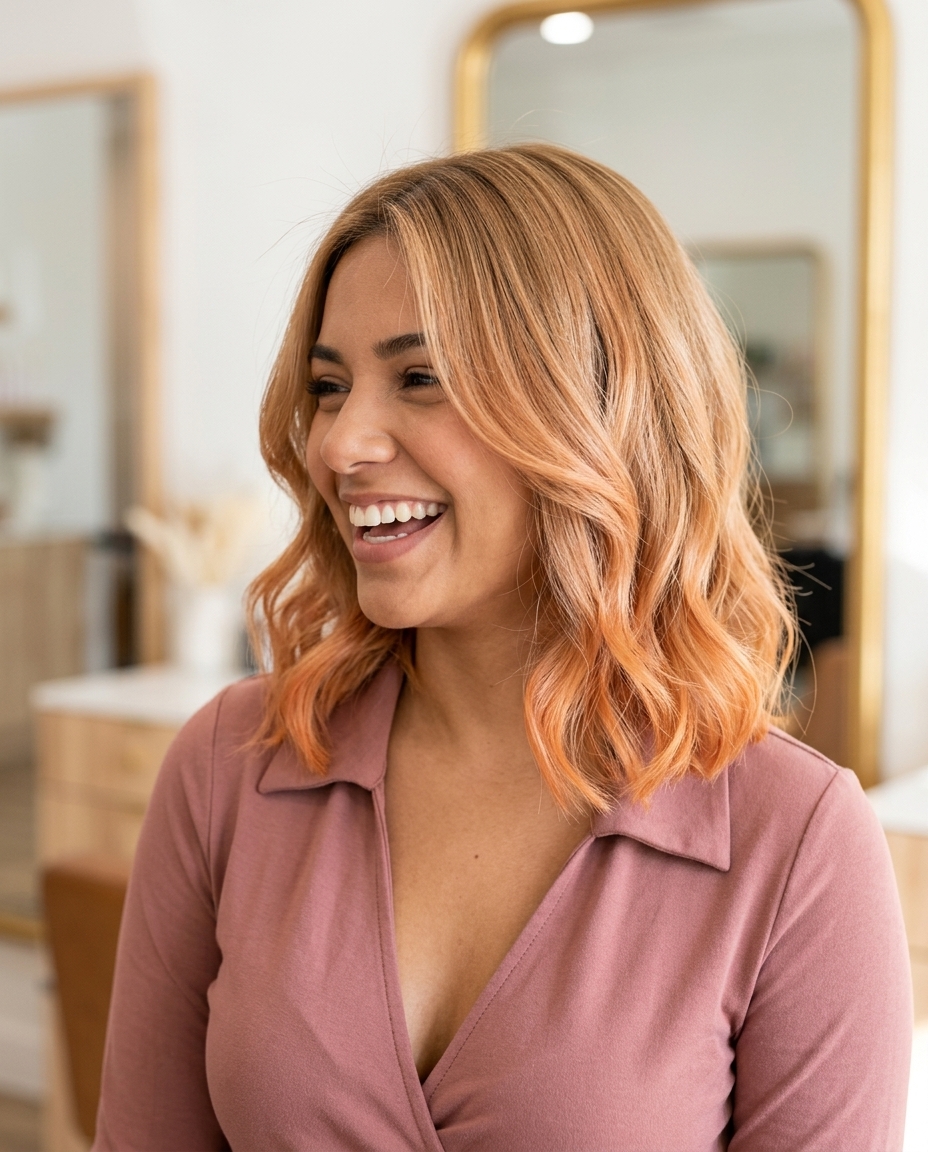 shoulder-length lob ombre with apricot crush, peach, strawberry blonde, tip-out technique, curtain bangs for summer