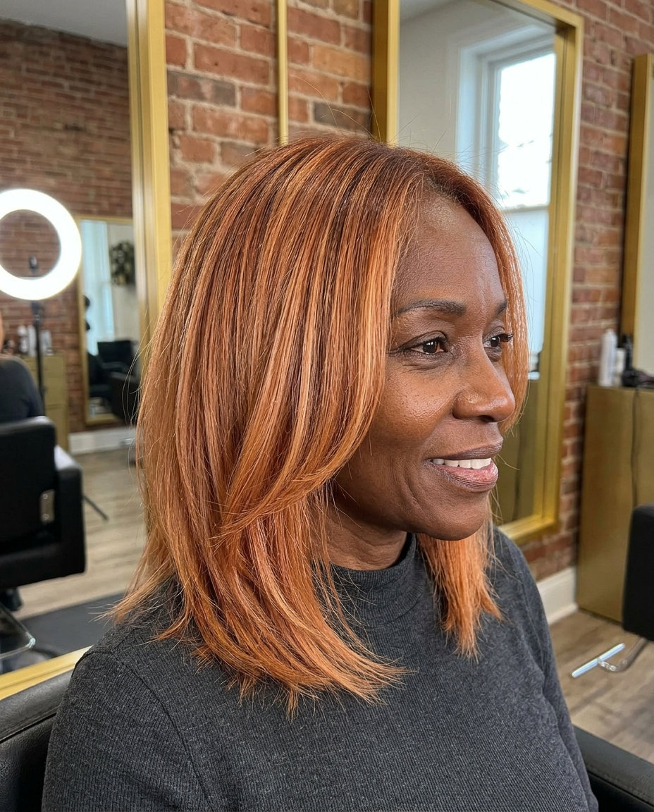 shoulder-length apricot crush lob with face-framing layers and razored ends, soft waves — playful weekend brunch