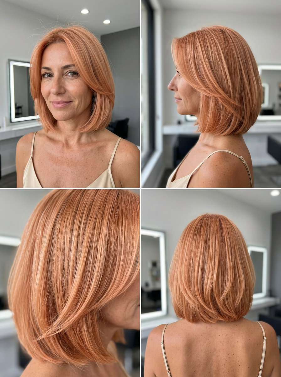 chin-length bob haircut with soft apricot crush strawberry blonde, face-framing layers, rounded back — soft, playful, classic