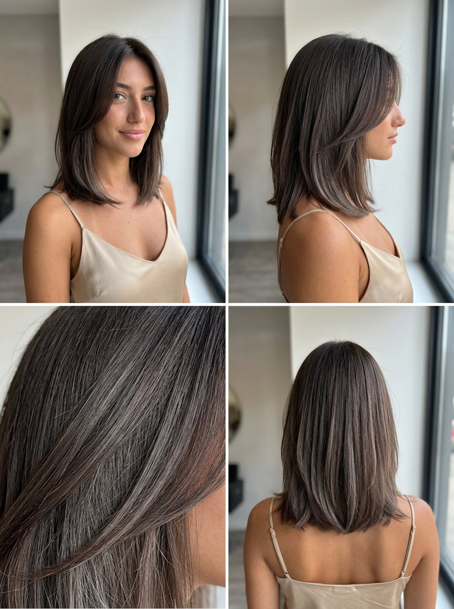 Ash Agate Mushroom Brown 2026 long ash agate mushroom brown hair with peekaboo underneath, no fringe — playful edgy modern glamour