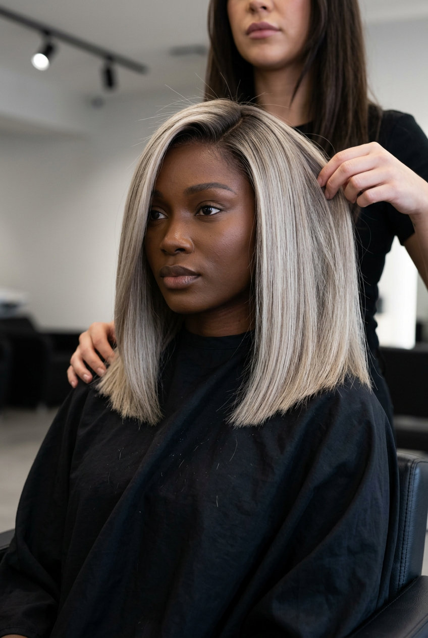 collarbone-length blunt bob in ash blonde with root smudge for summer