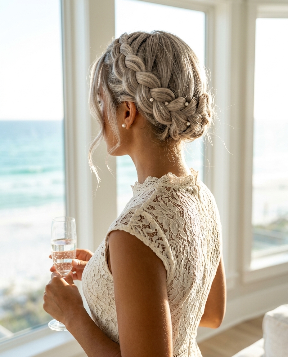 long cool ash blonde crown braid with Dutch braid technique and pearl accents for wedding guest