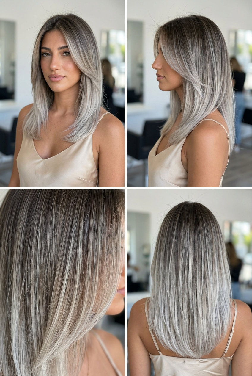 long ash blonde reverse ombré with cool-toned contrast, root to end gradient — edgy, sophisticated