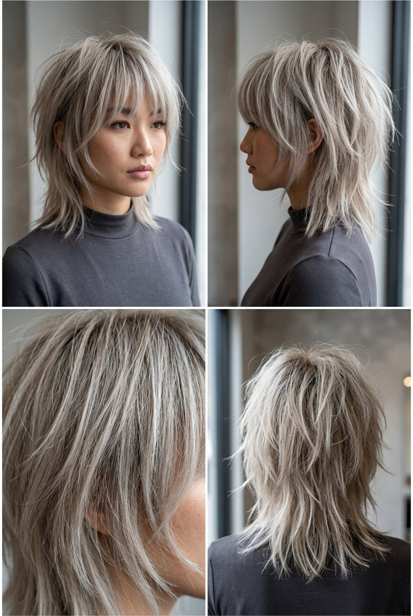 medium ash blonde wolf cut with silver undertones and dark blonde root for grungy festival style